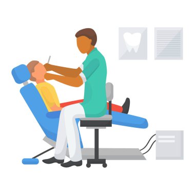 Çocuk hasta ile dişçi randevusu, vektör çizimi. Doktor diş kliniğinde ağız sağlığı ve hijyenle ilgilenir..