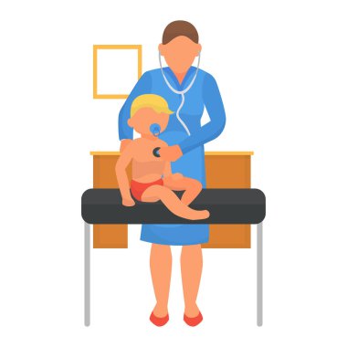 Doktor hastanede tıbbi bebek muayenesi yapacak, vektör çizimi. Çocuk sağlığı kliniğinde çocuk, çocuk sağlığı hizmetleri.