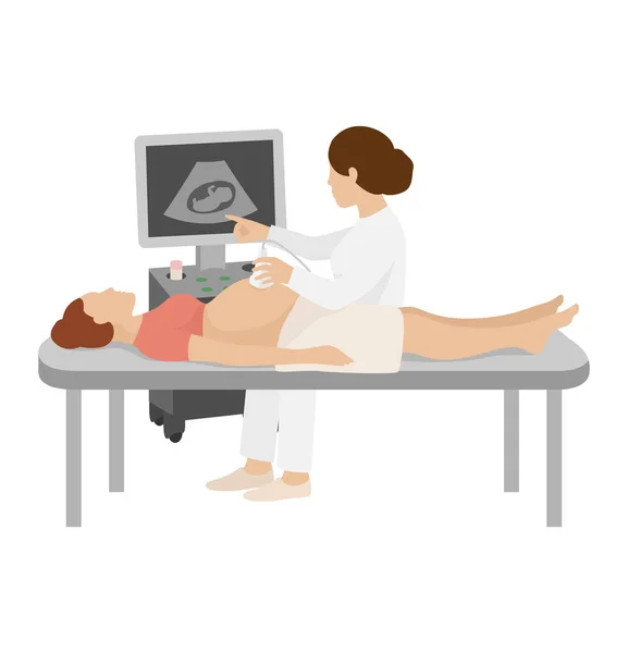 Donna incinta e medico fanno gli ultrasuoni in ospedale vettoriale illustrazione. Gravidanza sana con diagnosi medica in clinica — Vettoriale Stock