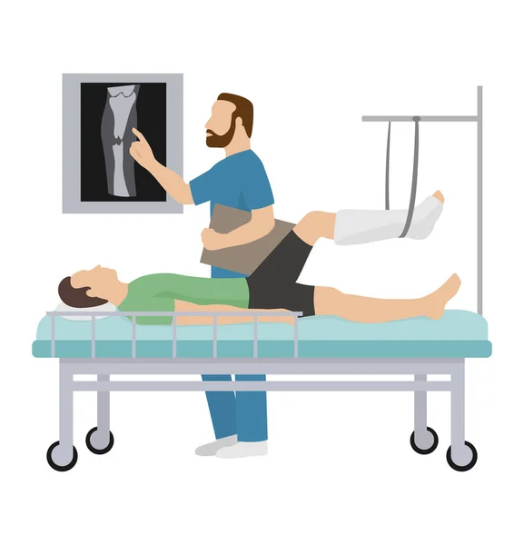 Doutor no quarto do paciente, veja a radiografia óssea, ilustração vetorial. Cuidados médicos na clínica plana, tratamento profissional . —  Vetores de Stock