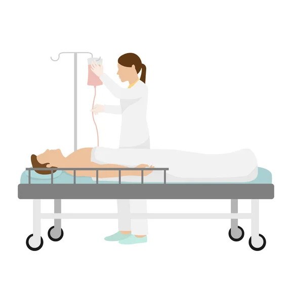 Dottore dare trasfusione di sangue all'uomo in clinica, illustrazione vettoriale. Assistenza medica ospedaliera sul paziente a letto con le attrezzature . — Vettoriale Stock