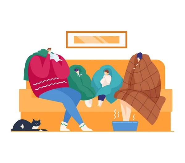 Cuidados com a febre da gripe em casa, saúde doente, ilustração vetorial. Ill família cartoon homem mulher tem gripe fria, tratamento no sofá . — Vetor de Stock