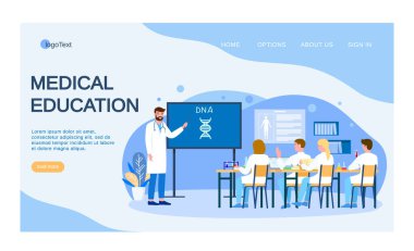 Klinikte DNA hakkında tıp konferansı ve eğitim, vektör illüstrasyonu. Düz doktora tıp bilimi araştırması, iniş.