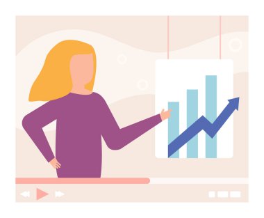 İş pazarlaması çevrimiçi video eğitimi, dijital sunum vektör illüstrasyonu. Düz karakterli kız para kazanmaktan bahsediyor.