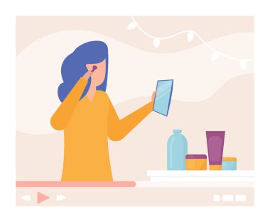 Makyaj videosu eğitmeni, internetteki güzellik blogcusu, vektör çizimi. Çevrimiçi cazibe yayını, kozmetik ürünlü kız karakter
