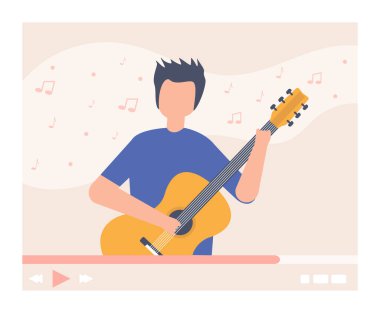 Gitar videosu eğitmeni, müzik blogcusu çevrimiçi vektör illüstrasyonu. Akustik enstrüman dersi veriyorum, çizgi film gitaristi..