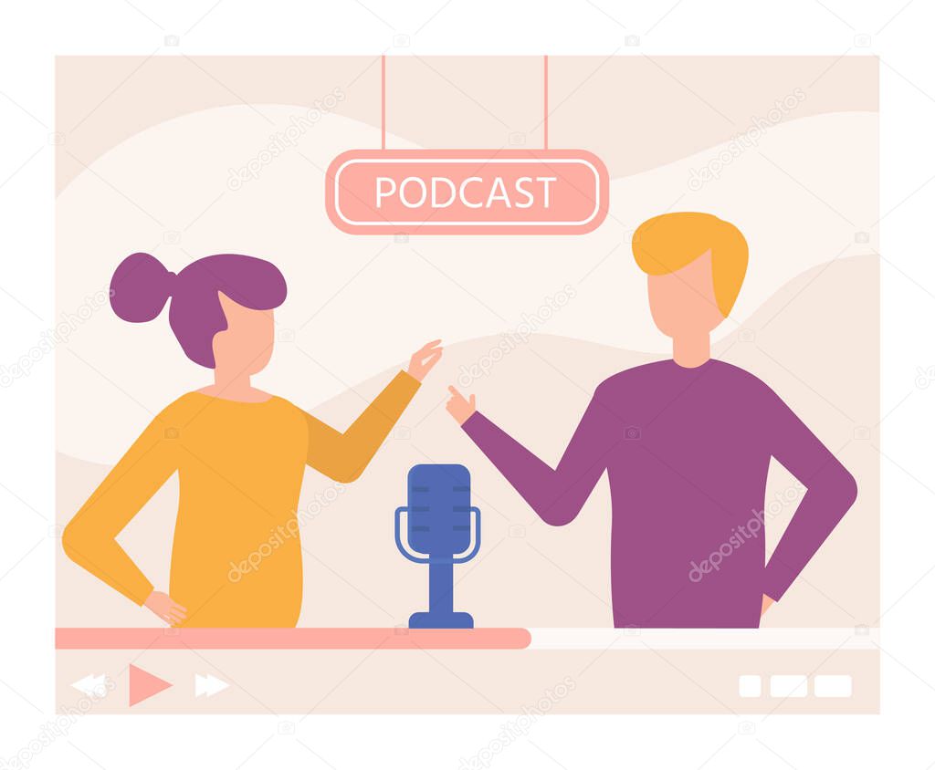 Podcast online video tutorial, media technology vector illustration. Man woman flat character use microphone for podcasting