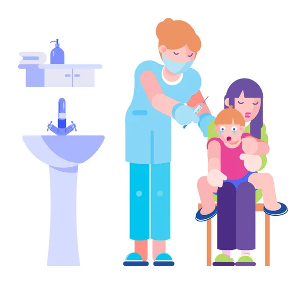 Docotr do ένεση για το παιδί στην κλινική διανυσματική απεικόνιση. Ιατρικός εμβολιασμός στο νοσοκομείο, γυναίκα με σύριγγα κοντά σε παιδί που κλαίει — Διανυσματικό Αρχείο