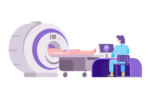 Médico digitalizar o cérebro do paciente por equipamentos de ressonância magnética ilustração vetorial. Homem deitado em grande scanner, médico saúde dignóstica no computador —  Vetores de Stock