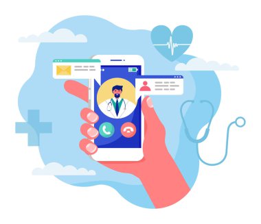Çevrimiçi tıp konsepti vektör illüstrasyonu, karikatür yassı insan eli akıllı telefon, beyaz üzerinde izole edilmiş doktorla görüntülü konuşma.