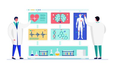 Yenilikçi laboratuvar vektör illüstrasyonunda çalışan bilim insanları, karikatür düz doktor karakterleri, beyaz üzerinde izole edilmiş verileri analiz ediyorlar.