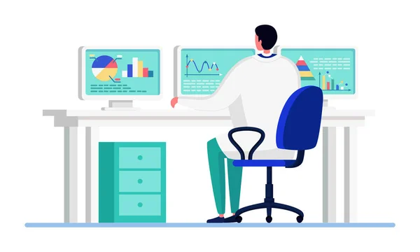 Wissenschaftler Menschen im Innovationslabor Vektor Illustration, Cartoon flache Arzt Charakter arbeiten an der statistischen Analyse isoliert auf weiß — Stockvektor