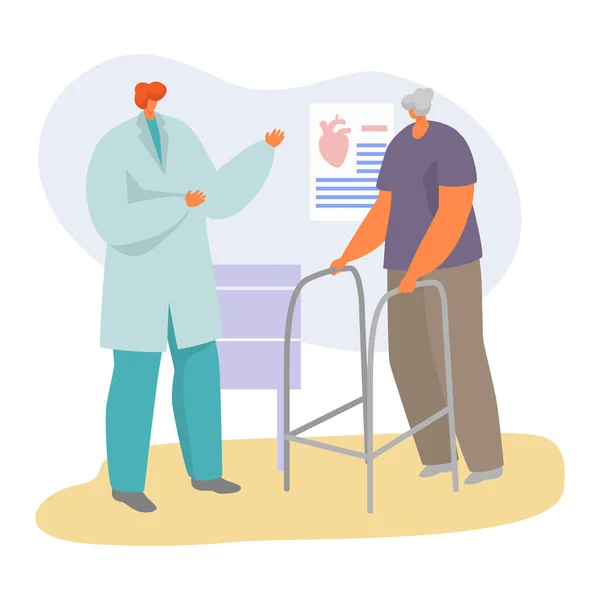 Patient på läkarbesök vektor illustration, tecknad platt senior karaktär besöker kardiolog, äldre vård isolerad på vitt — Stock vektor