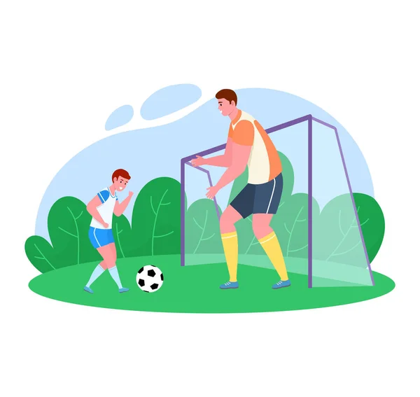 Father time with son vector illustration, cartoon flat dad playing soccer with boy on football green grass pitch isolated on white — Stock Vector