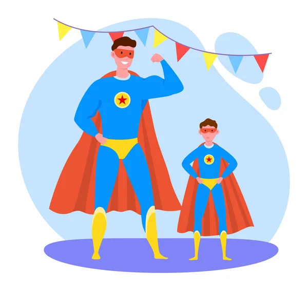Ayah waktu dengan anak vektor ilustrasi, kartun datar ayah yang kuat dan anak karakter mengenakan kostum superhero terisolasi pada putih - Stok Vektor