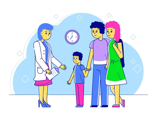 Linea medico pediatra vettore illustrazione, cartone animato piatto felice padre, madre e bambino fissare appuntamento con il medico di famiglia terapeuta — Vettoriale Stock