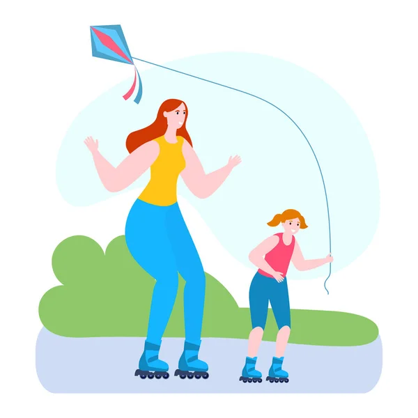 어머니와 딸의 벡터 일러스트, 만화의 평평 한 엄마와 아이의 스케이트 롤러 함께 흰색외진 공원에서 — 스톡 벡터