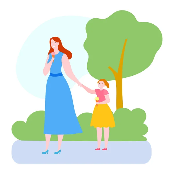 Madre tempo con figlia vettoriale illustrazione, cartone animato piatto mamma e bambina personaggi a piedi, mangiare gelato isolato su bianco — Vettoriale Stock