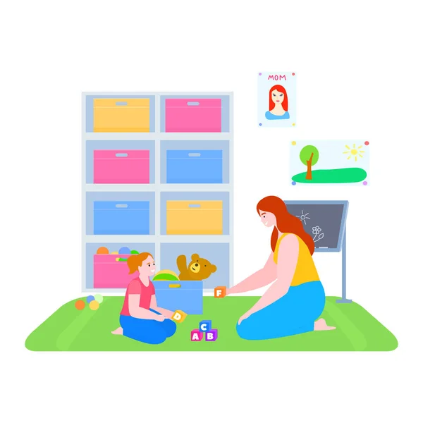 Mother time with daughter vector illustration, cartoon flat mom and kid girl characters playing, learning abc alphabet isolated on white - Stok Vektor