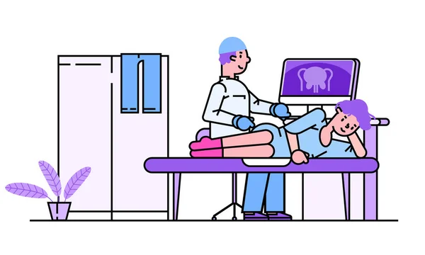 Επίσκεψη ασθενούς γιατρό διανυσματική απεικόνιση, κινούμενη γραμμή χαρακτήρα γυναίκα στην ιατρική διαδικασία για τη σάρωση των εσωτερικών οργάνων που απομονώνονται σε λευκό — Διανυσματικό Αρχείο
