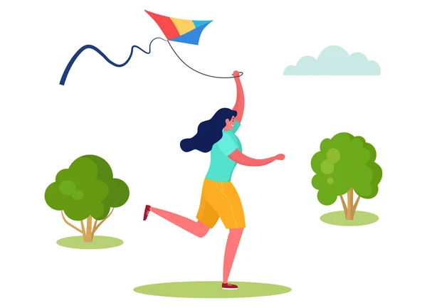 Ilustración de vectores de deportistas activos, personaje de mujer plana de dibujos animados corriendo con cometa voladora en el parque de la ciudad al aire libre aislado en blanco — Vector de stock