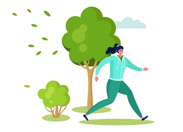 Deportes activos personas vector ilustración, dibujos animados feliz personaje de mujer plana corriendo, haciendo ejercicio al aire libre en el parque de verano aislado en blanco — Vector de stock
