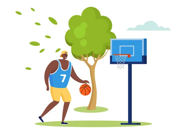 Aktiv sport människor vektor illustration, tecknad platt man karaktär utbildning ensam, spela basket i sommar stadspark isolerad på vitt — Stock vektor