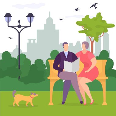 Bankta mutlu bir çift, köpek yakınlarda yürüyor, mutlu genç adam ve kız, tasarım, çizgi film stili illüstrasyon.