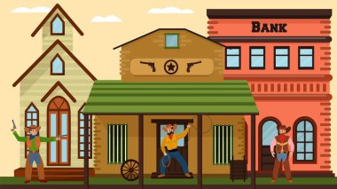 Kovboylar bankanın yanında düello yapıyor, vahşi batıda Amerikan tarzı, eski köy evleri, salon, tasarım karikatür tarzı vektör çizimleri..