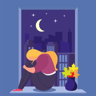 Depresyondaki kız pencerenin yanında oturuyor, genç, üzgün, yalnız ve endişeli kadın, tasarım, karikatür tarzı vektör çizimi.