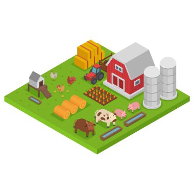 Hayvanlı çiftlik, renkli izometri, izometrik tarım konsepti, doğal yaşam alanı, tasarım, karikatür tarzı vektör çizimi.
