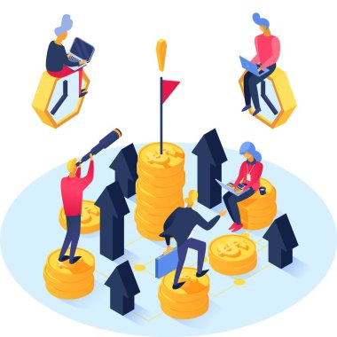 Finansal analiz, izometri. iş büyümesinin finansal analizi, izometrik tasarım, çizgi film stili illüstrasyon.