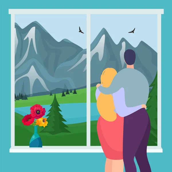 Jong stel kijkt door raam naar bergen, romantische relatie tussen man en vrouw, design, cartoon vector illustratie. — Stockvector