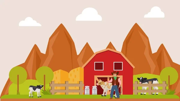 Cowboy gevangen koe met lasso van touw op zijn boerderij, dieren op wild west ranch, ontwerp, cartoon stijl vector illustratie. — Stockvector