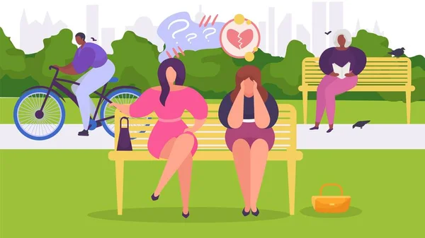 Donna in depressione nel parco siede sulla panchina, è frustrato da infelicità e problemi, design, illustrazione vettoriale stile cartone animato . — Vettoriale Stock