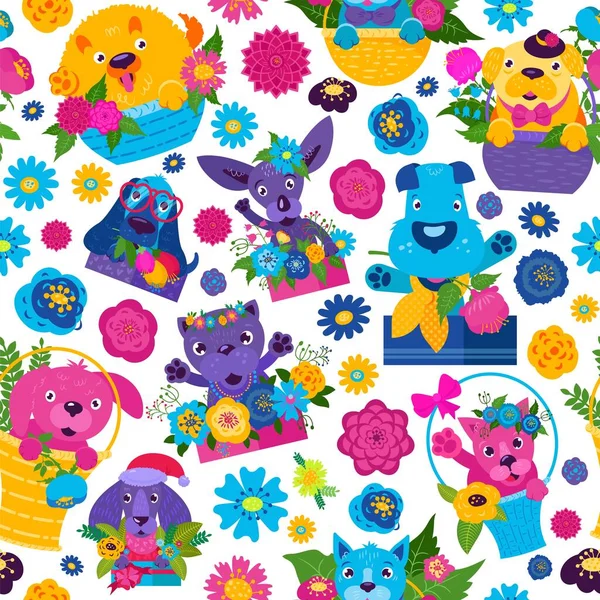 Nahtloses Muster mit Hunden, Katzen und hellen Farben, buntes Design für hellen Hintergrund für Kinder, Cartoon-Vektor-Illustration. — Stockvektor