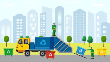 Çöpçüler çöpleri çöp kutusuna tıkıyorlar. Şehir hizmet karakterlerinde çöpleri düzenliyorlar. Çizgi film çizimleri topluyorlar..