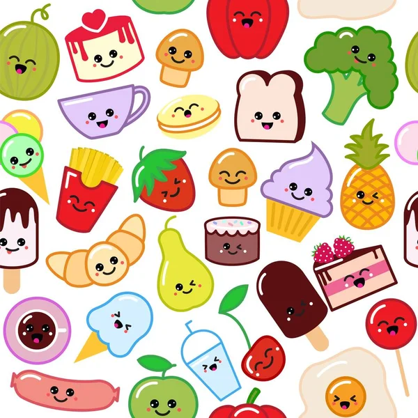 Cute funny sweet seamless pattern smiley food in vector character happy tasty cartoon foody illustration isolated on white. — Stock Vector