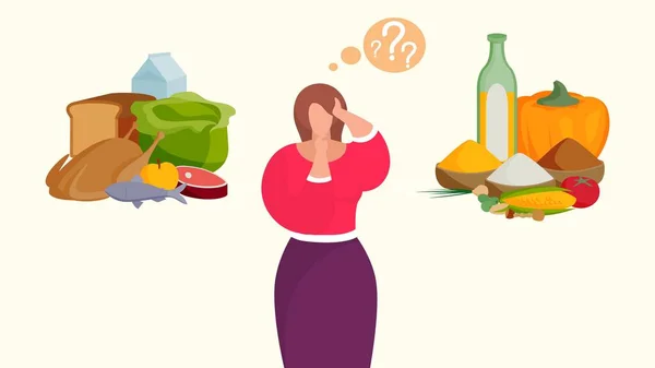 Las mujeres eligen entre la carne y las verduras saludables en la naturaleza vectorial personaje de dibujos animados comida saludable dieta vegana ilustración . — Archivo Imágenes Vectoriales