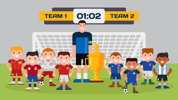 Sport voetbal jongen teams met trainer, voetbalveld, doel, trofee cup vector cartoon voetbal karakter kampioen illustratie — Stockvector