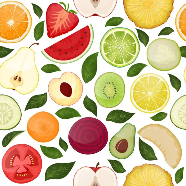 Fresh seamless pattern with slice vitamin fruits vegetables on nature food fruity vector hand drawn illustration isolated on white — Stock Vector