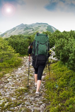Dağlarda yürüyüş yapan genç bir kadın..