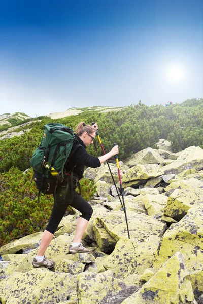 Mujer joven senderismo en las montañas. — Foto de Stock