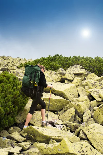 Mujer joven senderismo en las montañas. — Foto de Stock