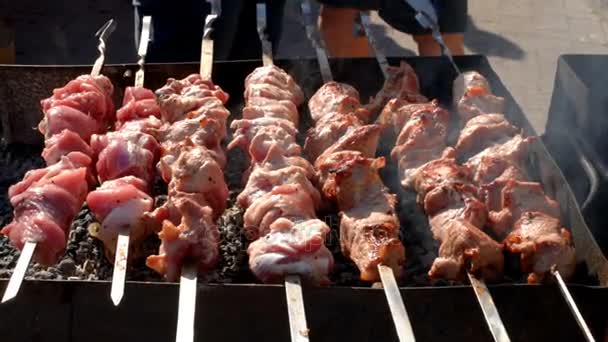 Meat on skewers as street food — Stock Video