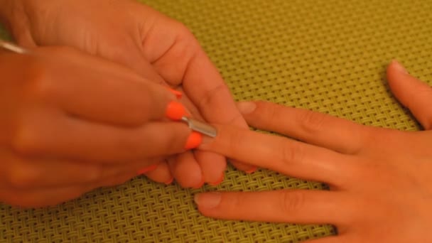 Schoonheidsspecialist voorbereidingen voor manicure — Stockvideo