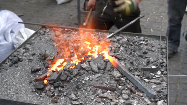 Blacksmith fire with hot metal — Stock Video