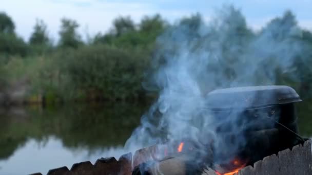 Preparing food on campfire — Stock Video