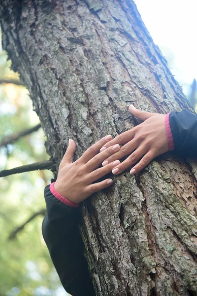 Woman hugging a big tree in a park.