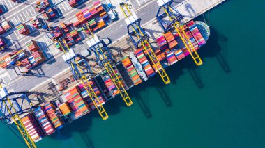 Konteynır kargo gemisi bir limana yükleniyor, hava üst görünümü içeriyor